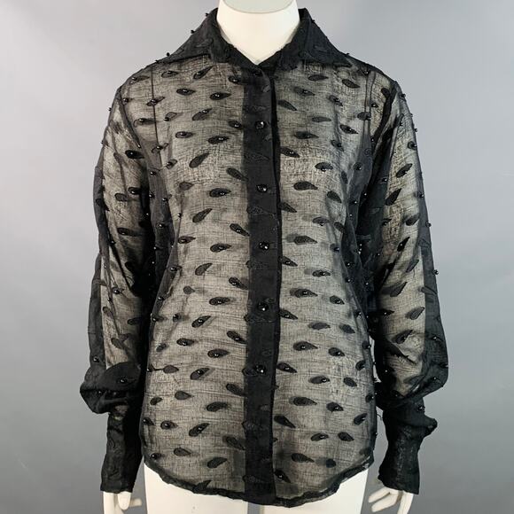TOKYO JAMES Size L Sheer Black Linen Paisley Beaded Embroidered Shirt - Picture 1 of 10